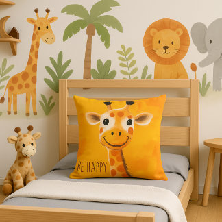 Be Happy Giraffe Yellow Orange Kids Motivational Cushion