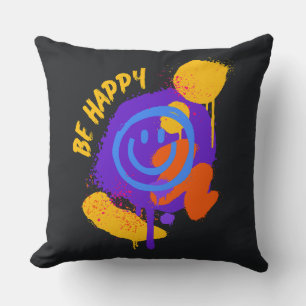 Be Happy Graffiti Smiley Colorful Street Art Cushion