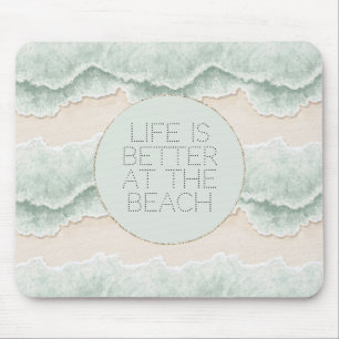 Be Happy Mint Circle Beach Aqua Waves Mouse Mat
