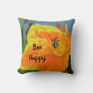 Be Happy Orange Lily Photo Bee Pun Nature Humour Cushion