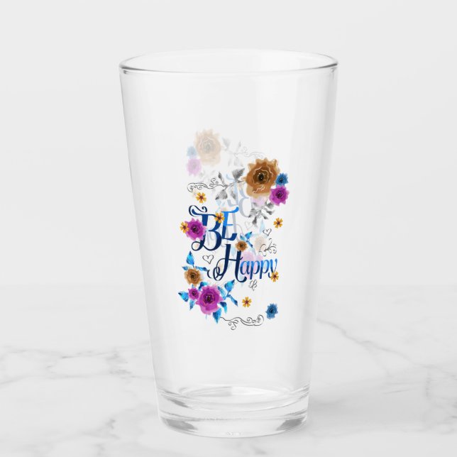Be Happy Positive Quote Blue Purple Gold Flowers Glass (Front)