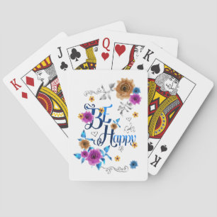 Be Happy Positive Quote Blue Purple Gold Flowers Playing Cards