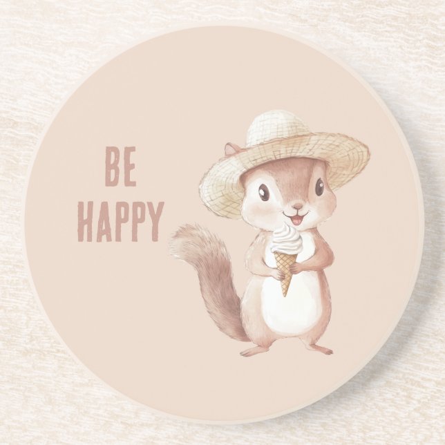 Be Happy Squirrel Ice Cream Cone Coaster (Front)