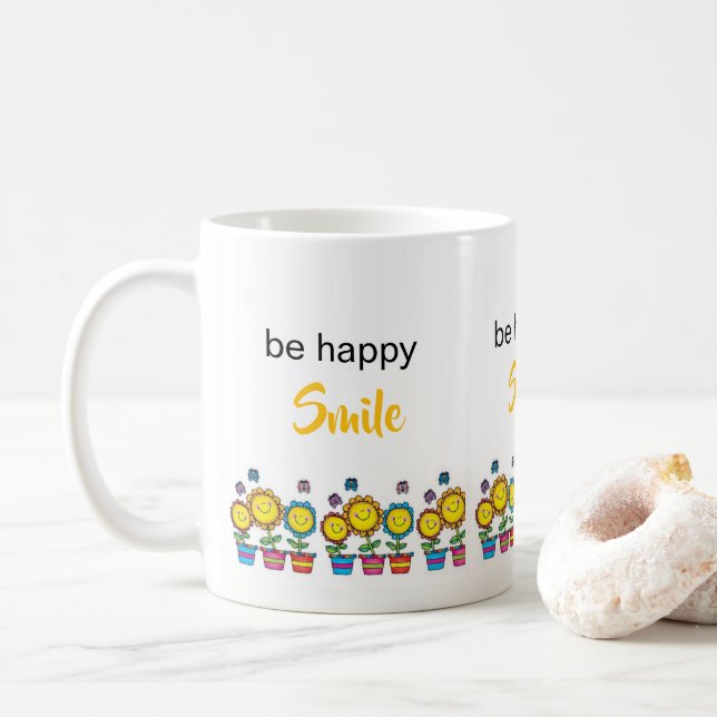 Be Happy Sunflowers Floral Mug  (With Donut)