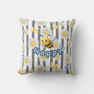 Be Happy with daisies and butterflies Cushion