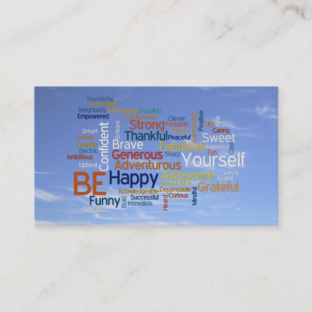 Be Happy Word Cloud in Blue Sky Inspire Business Card (Front)