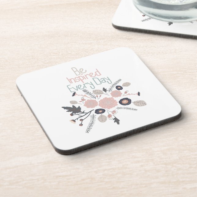 Be Inspired Every Day Botanical Flowers Pink Grey Coaster (Left Side)