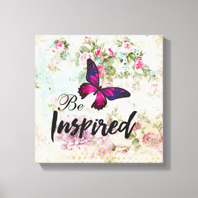Be Inspired Quote & Pink Butterfly Shabby Collage Canvas Print (Front)