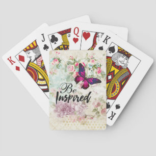 Be Inspired Quote & Pink Butterfly Shabby Collage Playing Cards