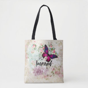 Be Inspired Quote & Pink Butterfly Shabby Collage Tote Bag