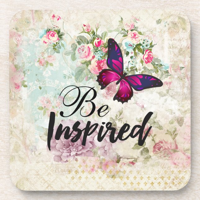 Be Inspired Quote & Pink Butterfly Vintage Collage Coaster (Front)