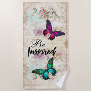 Be Inspired Quote w/ Butterflies on Vintag Collage Beach Towel