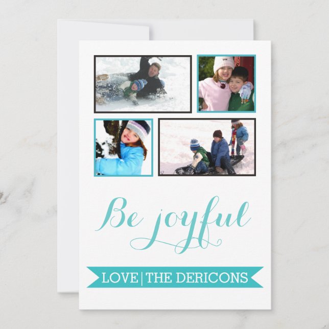 Be Joyful aqua banner Christmas Groupon photo Holiday Card (Front)