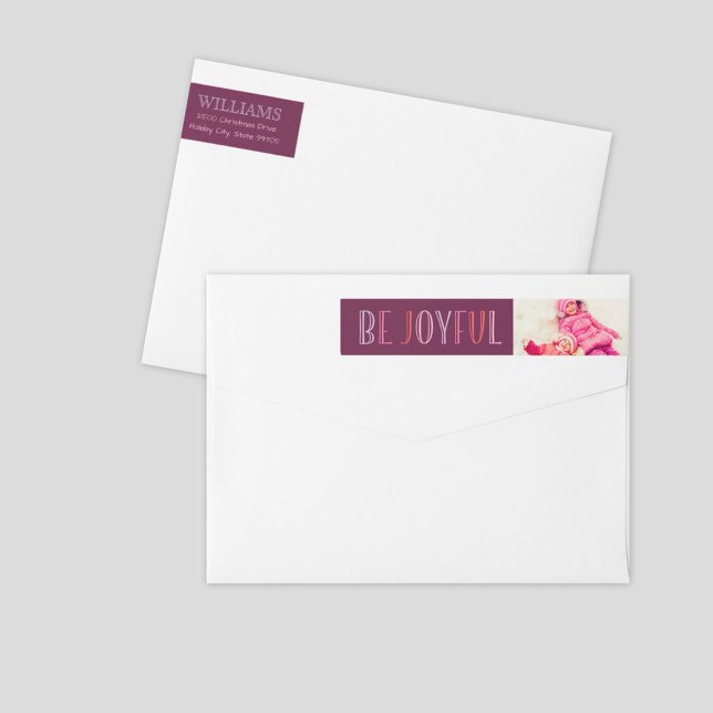 Be Joyful Burgundy Holiday Photo Return Address Wrap Around Label (Creator Uploaded)