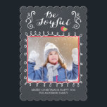 Be Joyful Chalkboard Holiday Christmas Photo Card<br><div class="desc">Send a modern & unique christmas card this year that your family and friends will love. Our contemporary photo holiday card features a whimsical white & red frame for your photo with stylish bracket flourishes showcasing the typography saying "be joyful" set on a black chalkboard background. The back offers you...</div>