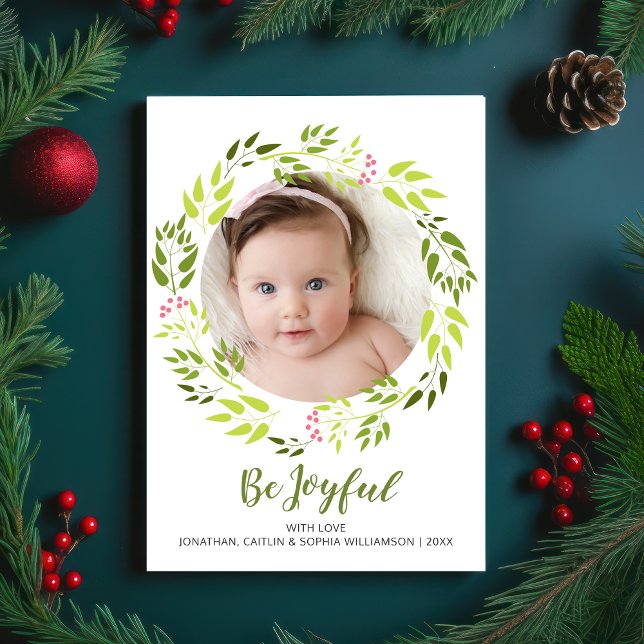 Be Joyful Christmas Botanical Wreath Holiday Photo Card (Creator Uploaded)
