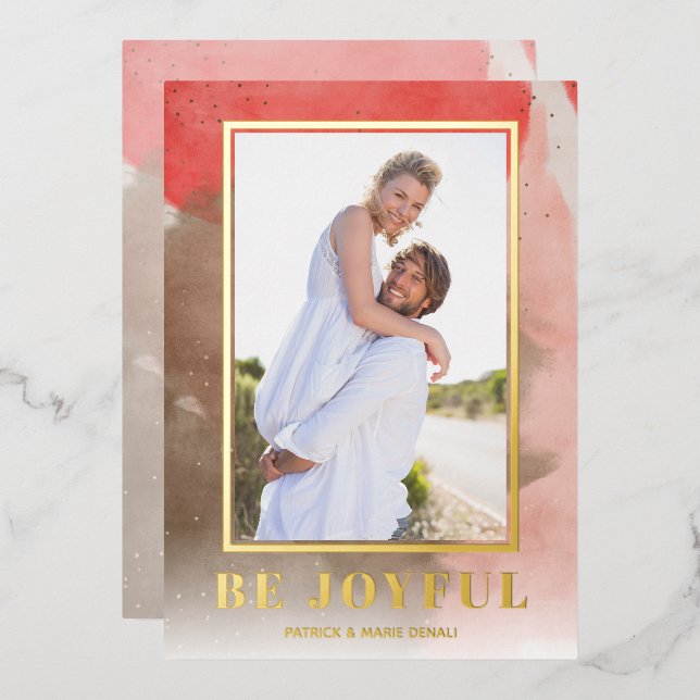 Be Joyful Christmas Photo Gold Foil Holiday Card (Front/Back)
