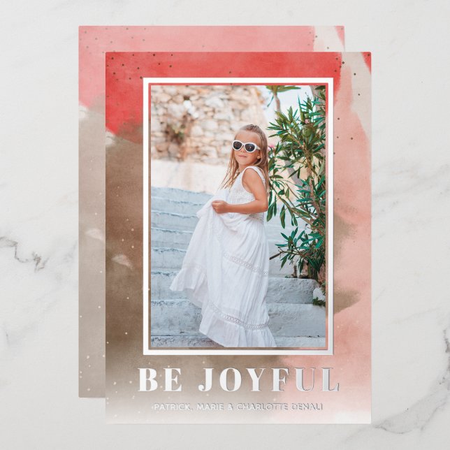 Be Joyful Christmas Photo Rose Silver Foil Holiday Card (Front/Back)