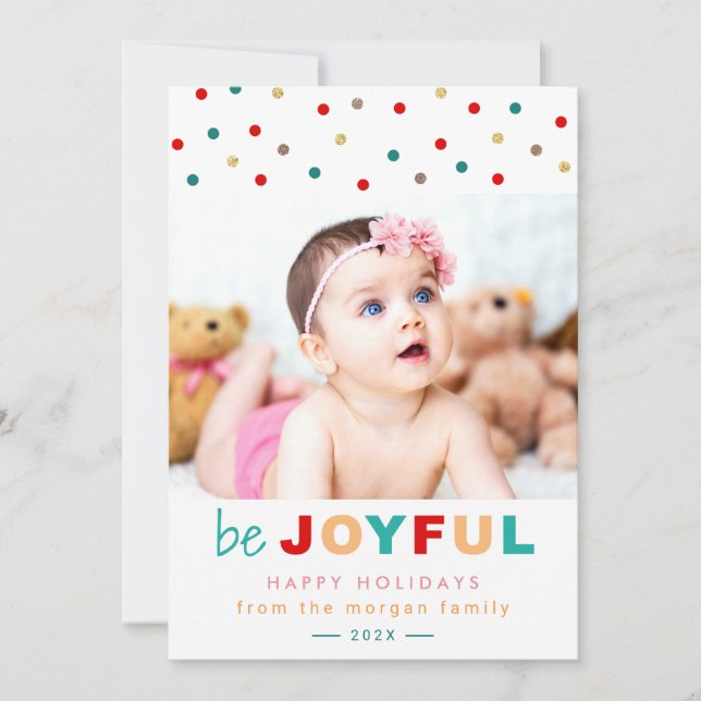 Be Joyful Confetti Dots Holiday Baby Kids Photo (Front)