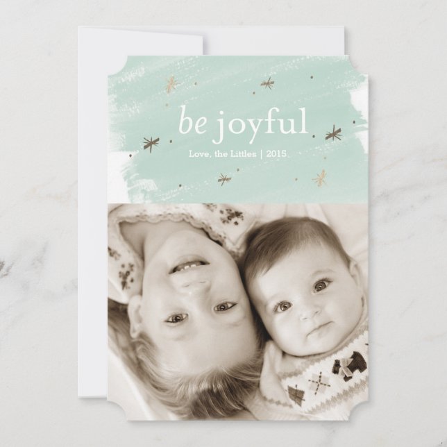 Be Joyful Mint Watercolor Holiday Photo 5x7 Card (Front)