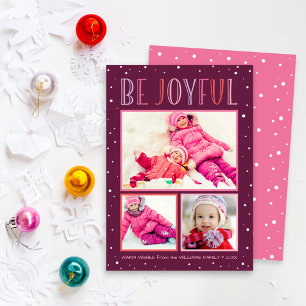 Be Joyful Modern Burgundy Pink Photo Collage Holiday Card