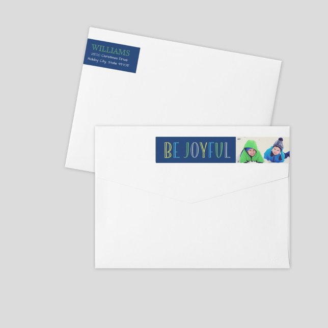 Be Joyful Navy Blue Holiday Photo Return Address Wrap Around Label (Creator Uploaded)