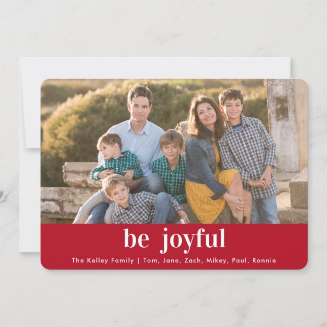 Be Joyful Print, Newsletter on Back, Red Photo Holiday Card (Front)