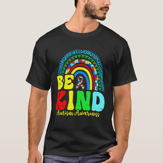 Be Kind Autism Awareness Love Heart Leopard Rainbo T-Shirt (Front)