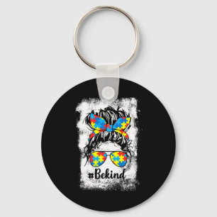 Be Kind Autism Awareness Month Cute Messy Bun Girl Key Ring