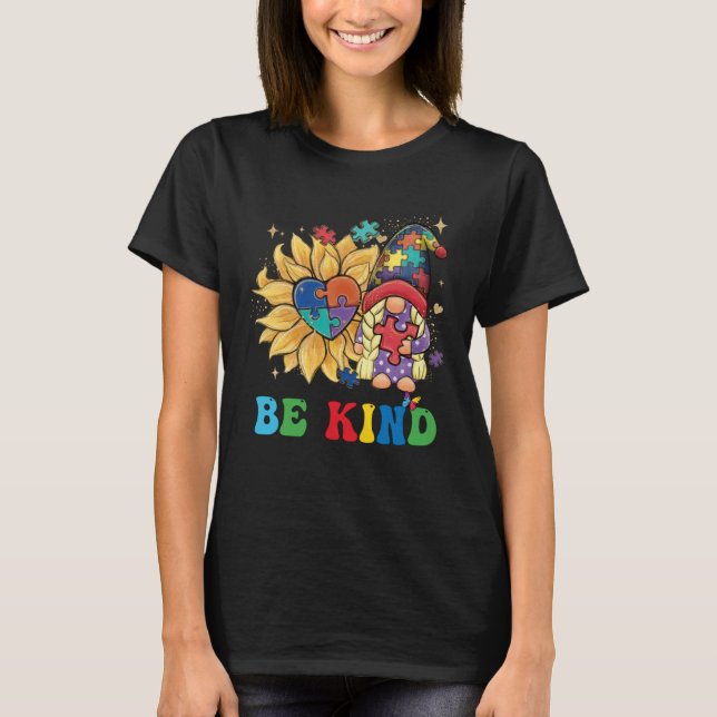 Be Kind Autism Gnomes Sunflower Autism Awareness M T-Shirt (Front)
