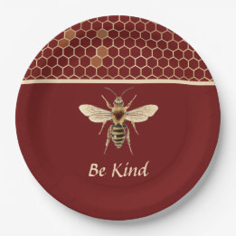 Be Kind Bee and Honeycomb on Burgundy Paper Plate