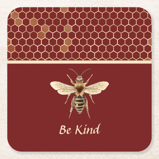 Be Kind Bee and Honeycomb on Burgundy Square Paper Coaster (Front)