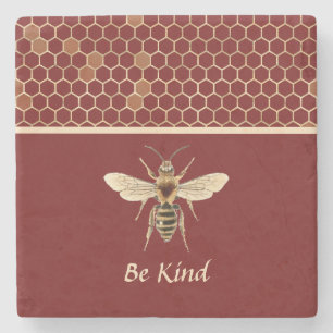 Be Kind Bee and Honeycomb on Burgundy Stone Coaster