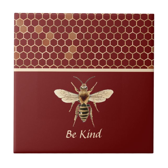 Be Kind Bee and Honeycomb on Burgundy Tile (Front)
