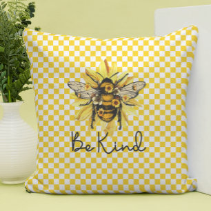 Be Kind Bee & Yellow Chequerboard Cushion