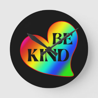 Be Kind Colorful Heart Rainbow  Round Clock
