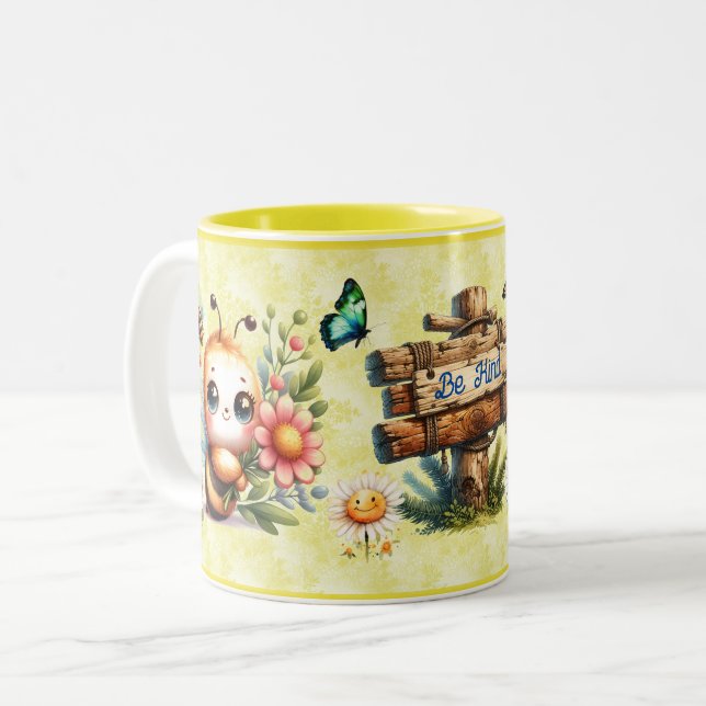Be Kind Cute Bee Mug Yellow Daisies Customisable (Front Left)