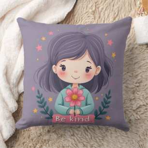 Be Kind Cute Girl with Flower Positive Art Cushion