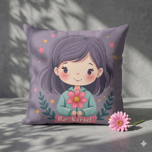 Be Kind Cute Girl with Flower Positive Art Cushion