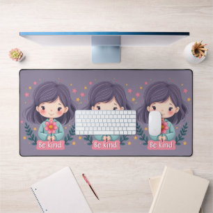 Be Kind Cute Girl with Flower Positive Art Desk Mat
