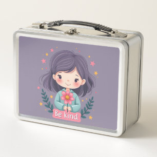 Be Kind Cute Girl with Flower Positive Art Metal Lunch Box
