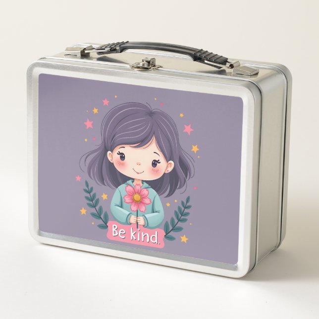 Be Kind Cute Girl with Flower Positive Art Metal Lunch Box (Front)