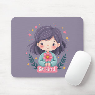 Be Kind Cute Girl with Flower Positive Art Mouse Mat