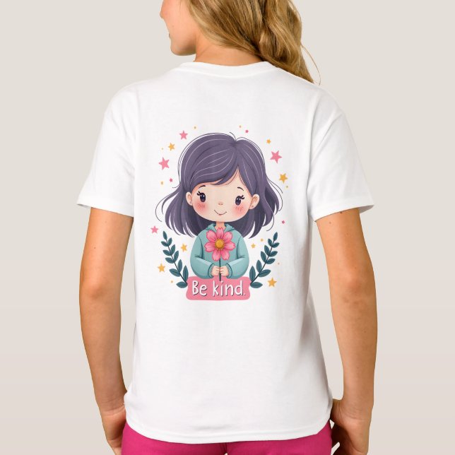 Be Kind Cute Girl with Flower Positive Art T-Shirt (Back)