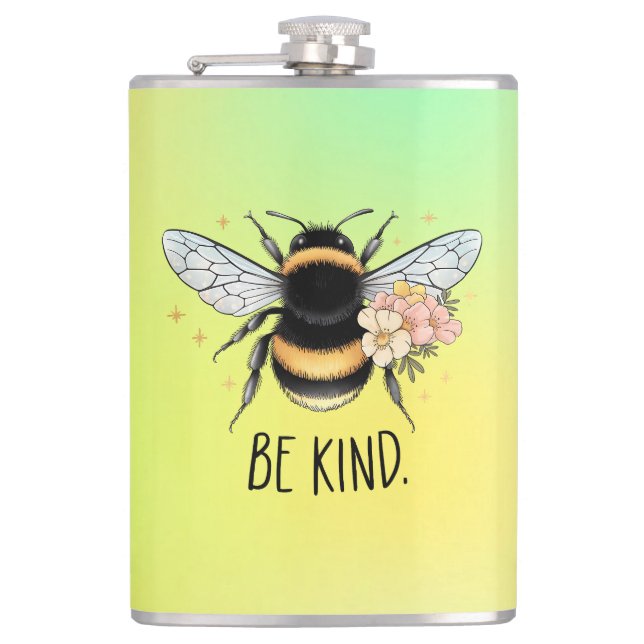 Be Kind Floral Cute Bee Inspirational Design Hip Flask (Front)