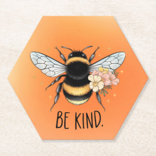 Be Kind Floral Cute Bee Inspirational Design Paper Coaster