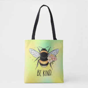 Be Kind Floral Cute Bee Inspirational Design Tote Bag