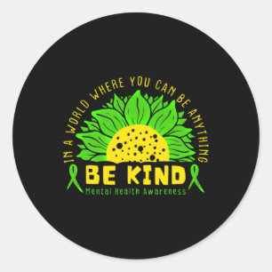 Be Kind Green Ribbon Sunflower Mental Health Aware Classic Round Sticker