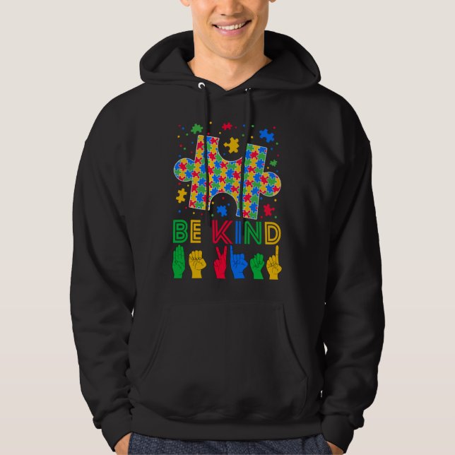 Be Kind Hand Sign Language ASL Puzzle Autism Aware Hoodie (Front)