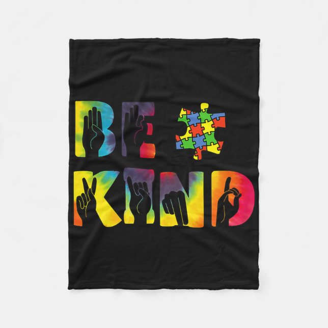 Be Kind Hand Sign Language Puzzle Autism Awareness Fleece Blanket (Front)